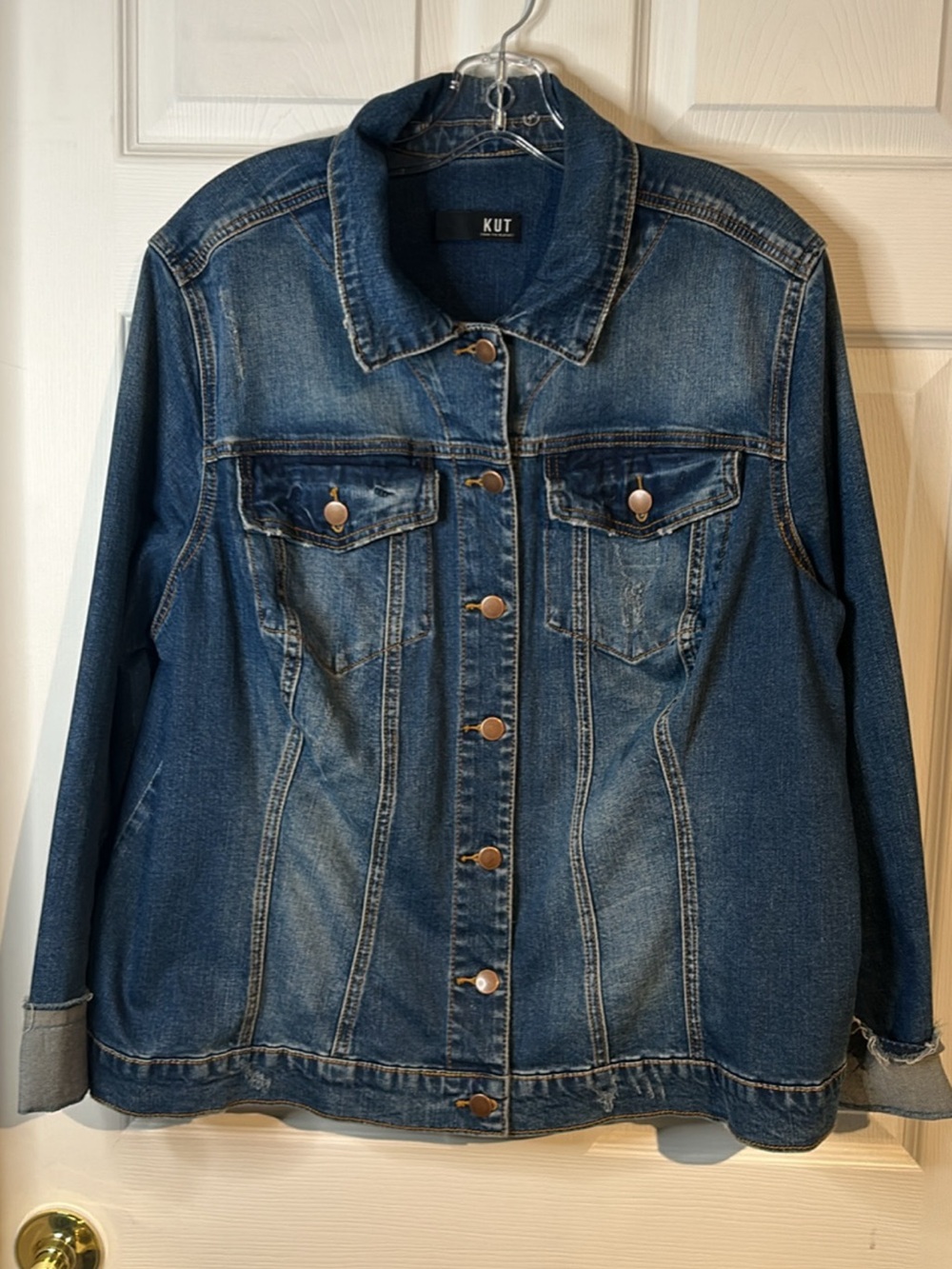 Kut from the Kloth Distressed Blue Denim Trucker Jacket